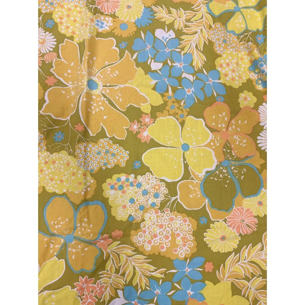 Vintage Peouot Groovy 70s Floral Print Twin Flat Sheet Orange Yellow Blue